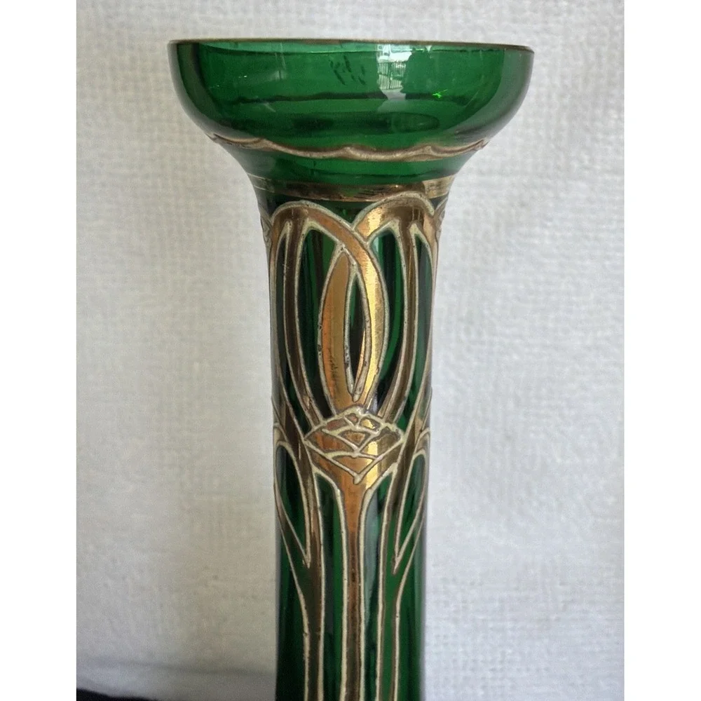 Vtg Art Nouveau Jugendstil Gold Gilded Green Satin Glass Vases 2 Ea Circa 1900s‎